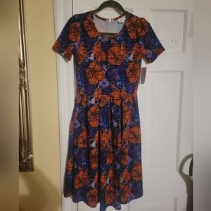 LuLaRoe Simple Comfortabke Women's Vibrant Blue and Orange Midi Dress SZ S